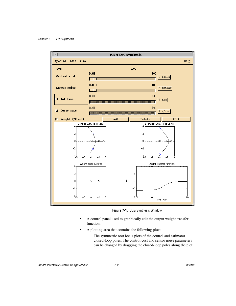Figure 7-1. lqg synthesis window, 1. from | National Instruments Xmath Interactive Control Design Module ICDM User Manual | Page 63 / 129