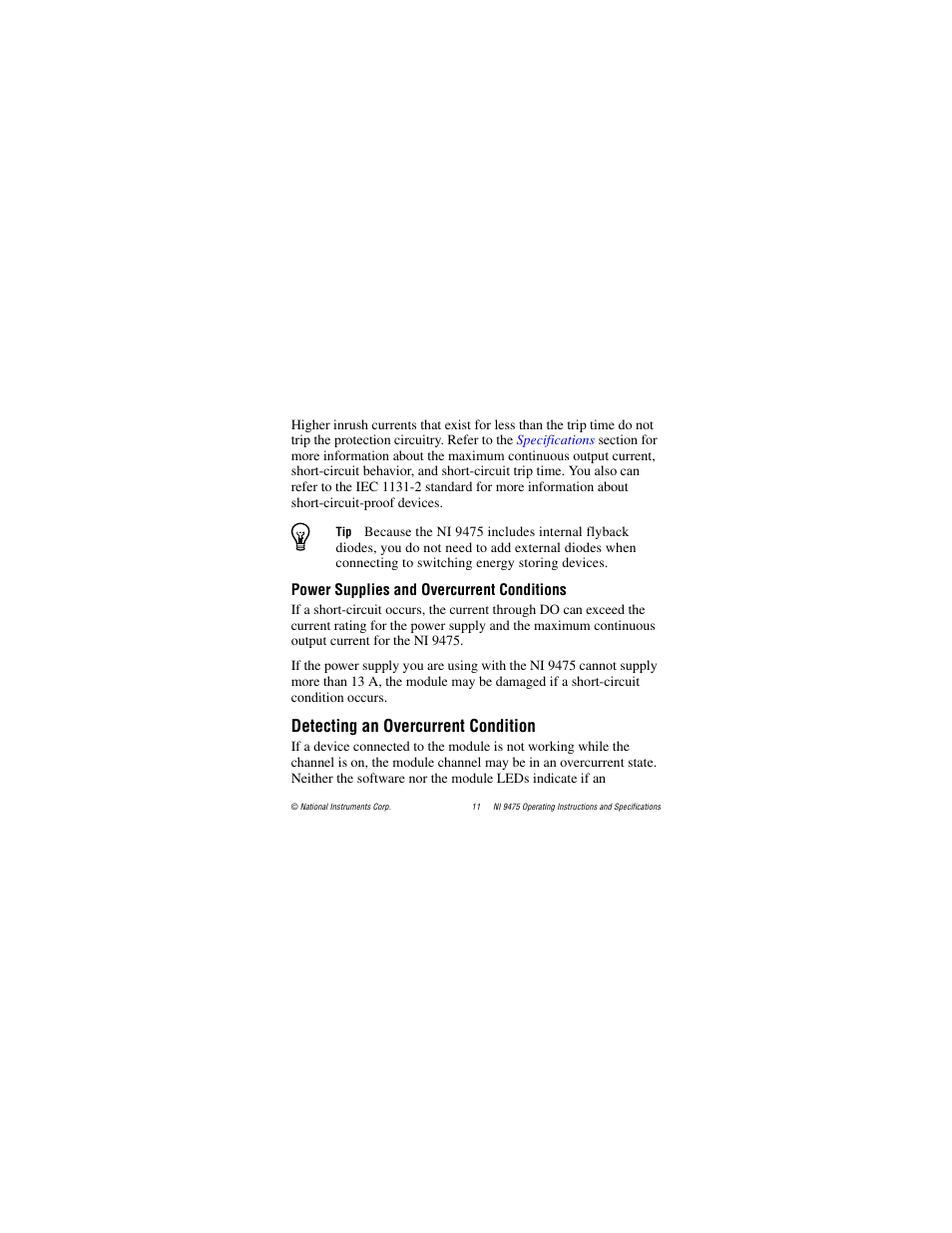 Power supplies and overcurrent conditions, Detecting an overcurrent condition | National Instruments NI 9475 User Manual | Page 11 / 24