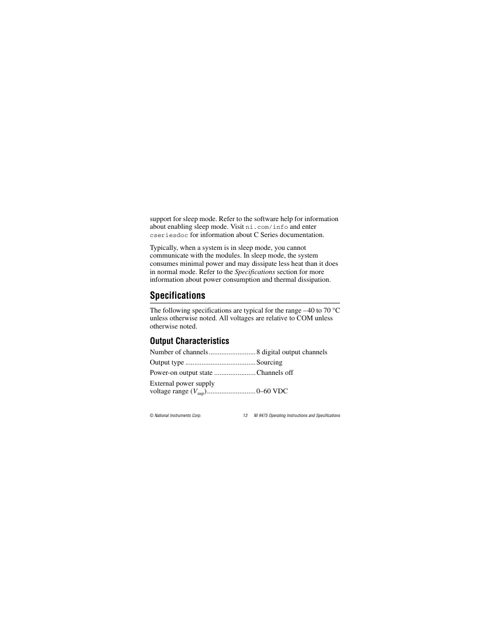 Specifications, Output characteristics | National Instruments NI 9475 User Manual | Page 13 / 24