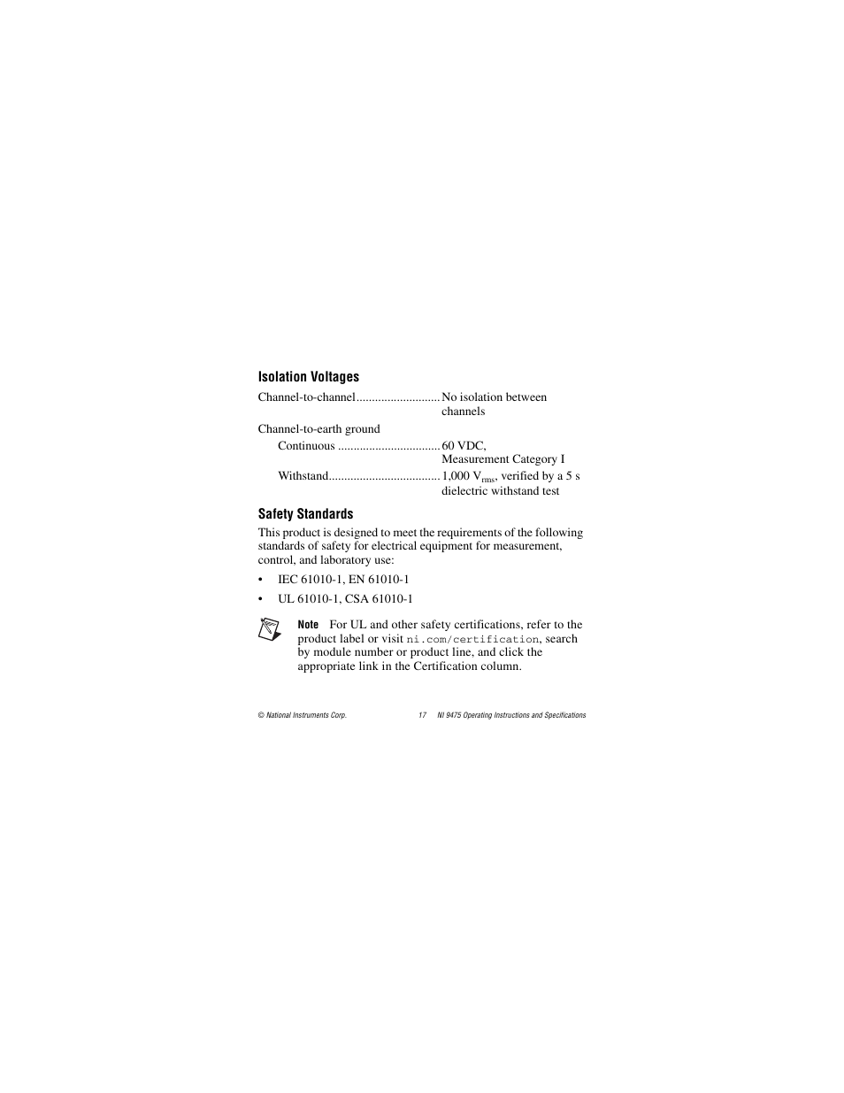 Isolation voltages, Safety standards | National Instruments NI 9475 User Manual | Page 17 / 24