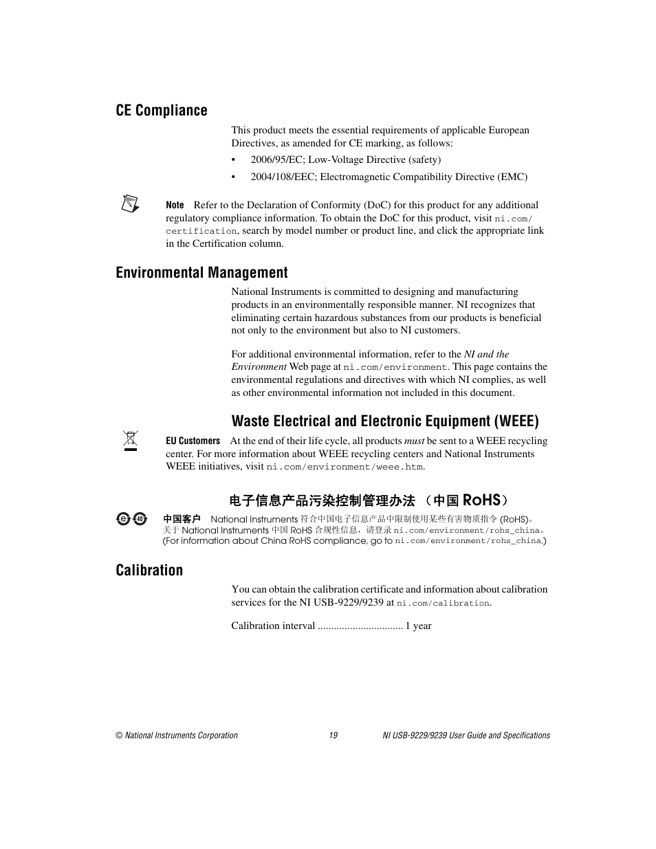 Ce compliance, Environmental management, Calibration | Rohs, Waste electrical and electronic equipment (weee), ᄤֵᙃѻક∵ᶧ᥻ࠊㅵ⧚ࡲ⊩ ˄ё | National Instruments NI USB-9229 User Manual | Page 19 / 20