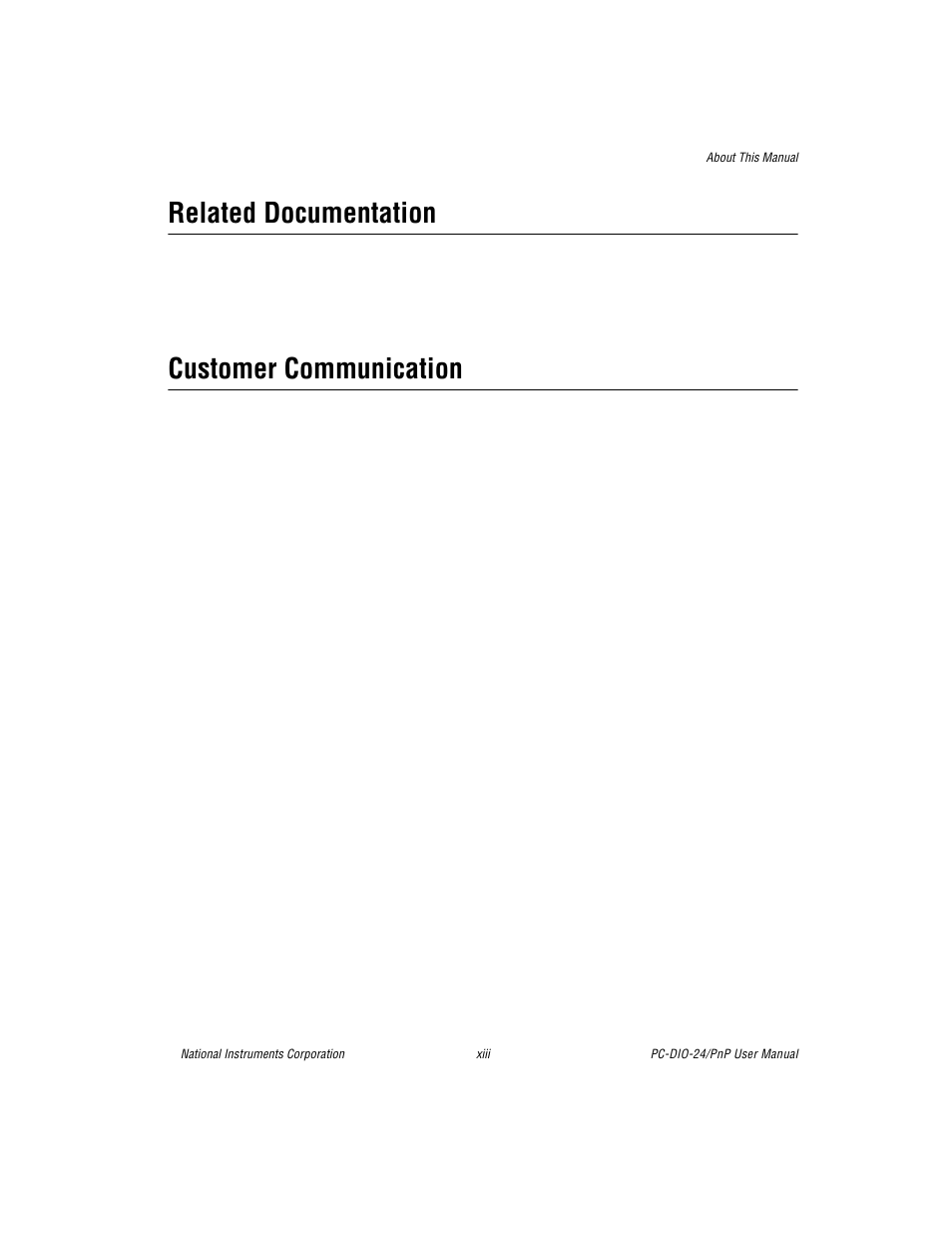 Related documentation, Customer communication | National Instruments PC-DIO-24/PnP User Manual | Page 13 / 107