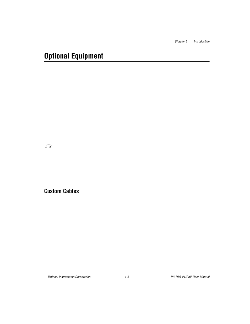 Optional equipment, Custom cables, Optional equipment -5 | Custom cables -5 | National Instruments PC-DIO-24/PnP User Manual | Page 18 / 107