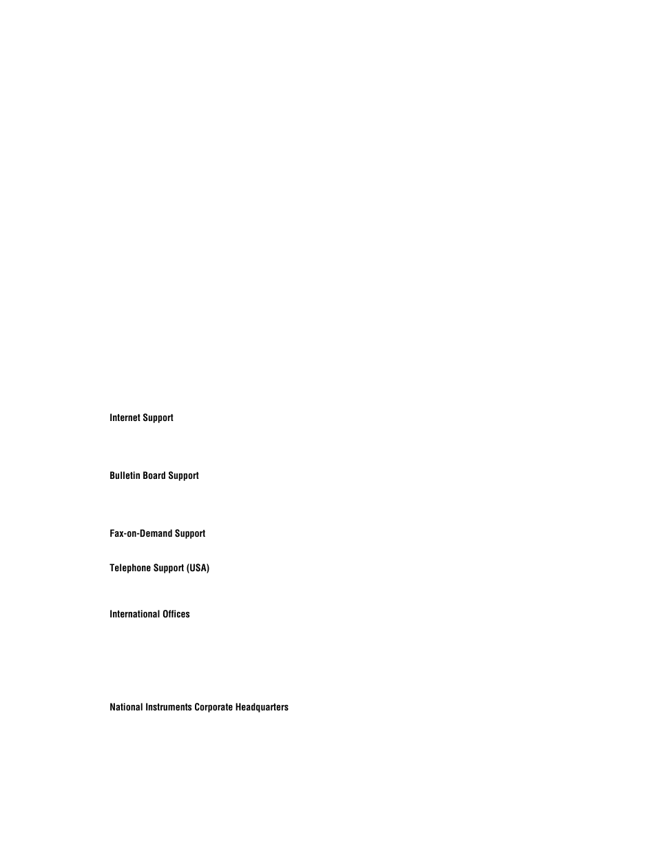 Support, Internet, Bulletin board | Fax-on-demand, Telephone (usa), International offices, Corporate headquarters | National Instruments PC-DIO-24/PnP User Manual | Page 2 / 107