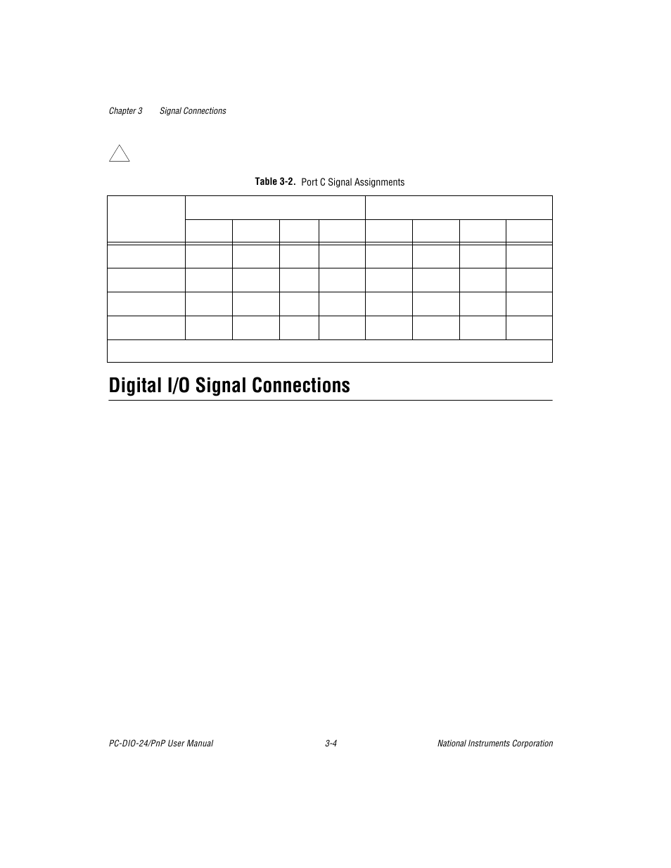 Digital i/o signal connections, Table 3-2. port c signal assignments, Digital i/o signal connections -4 | Table 3-2, Port c signal assignments -4 | National Instruments PC-DIO-24/PnP User Manual | Page 27 / 107