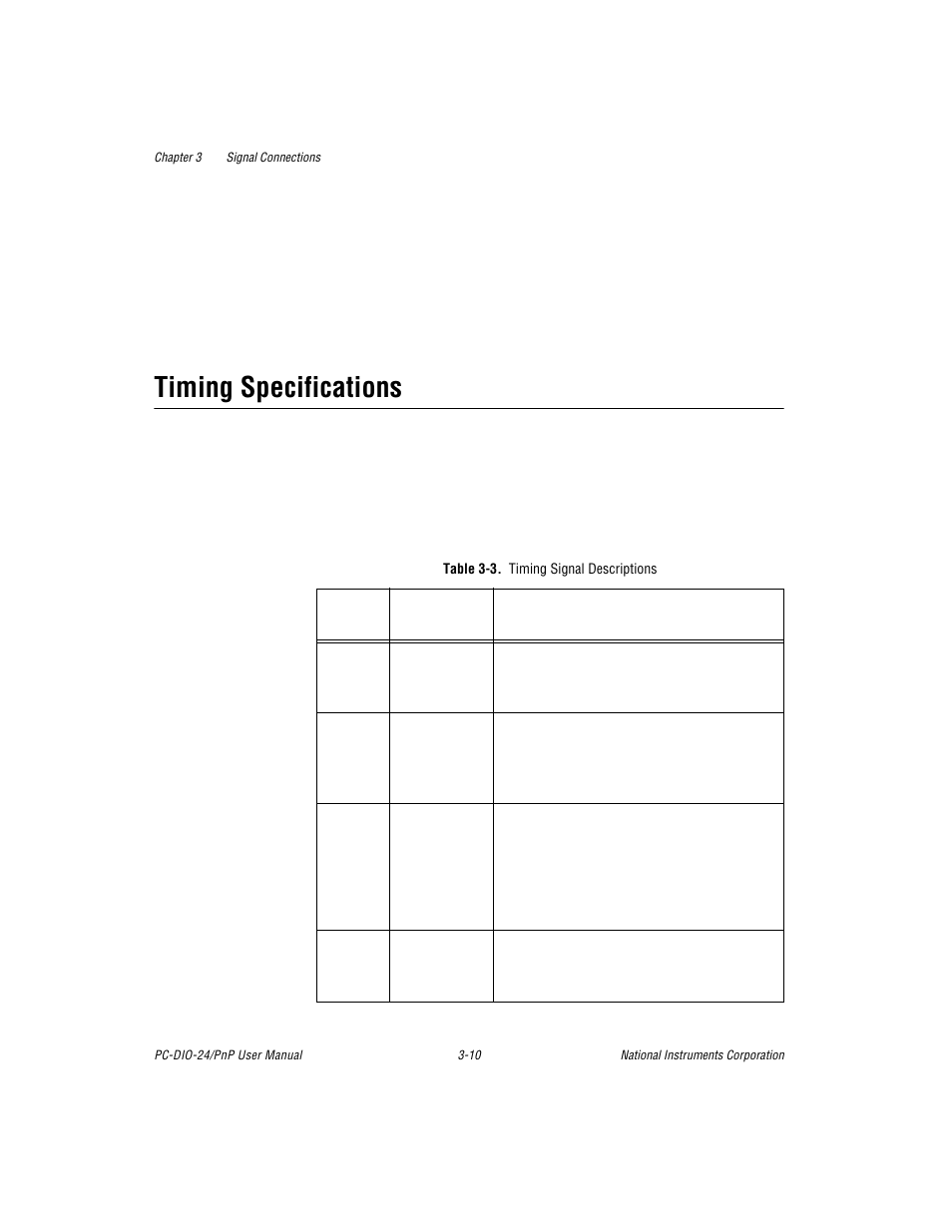 Timing specifications, Table 3-3. timing signal descriptions, Timing specifications -10 | Table 3-3, Timing signal descriptions -10 | National Instruments PC-DIO-24/PnP User Manual | Page 33 / 107