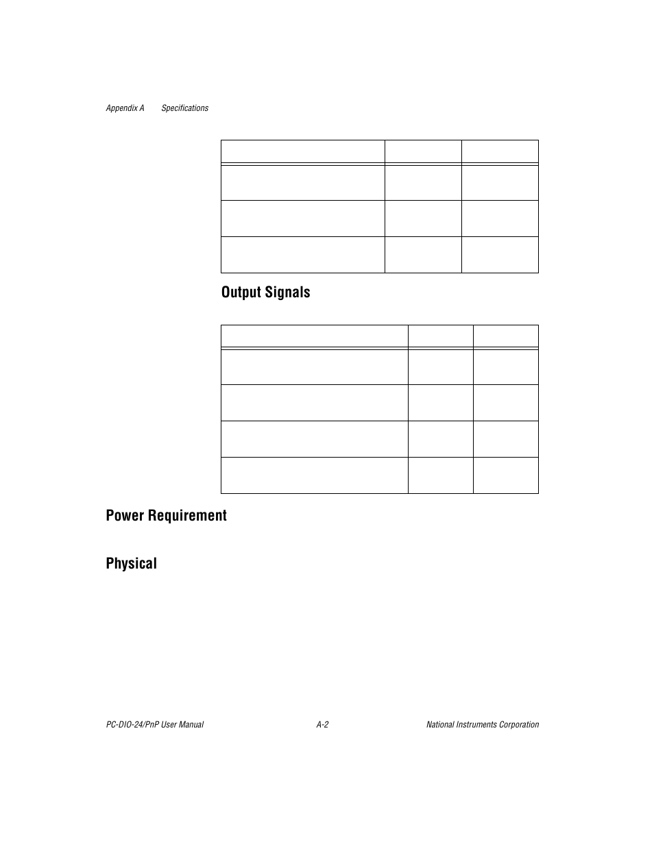Output signals, Power requirement, Physical | National Instruments PC-DIO-24/PnP User Manual | Page 42 / 107