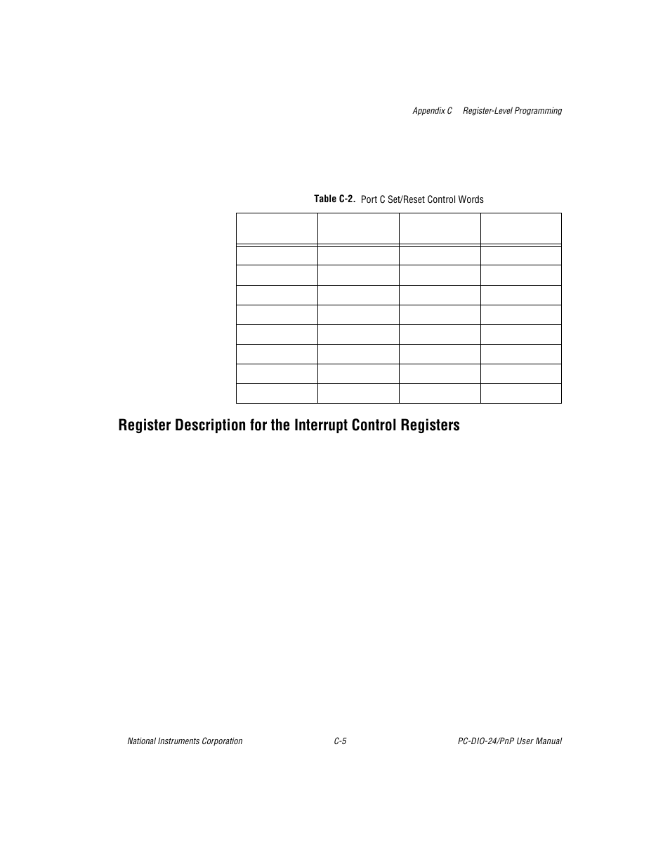 Register description for the interrupt control reg, Table c-2. port c set/reset control words, Table c-2 | National Instruments PC-DIO-24/PnP User Manual | Page 65 / 107