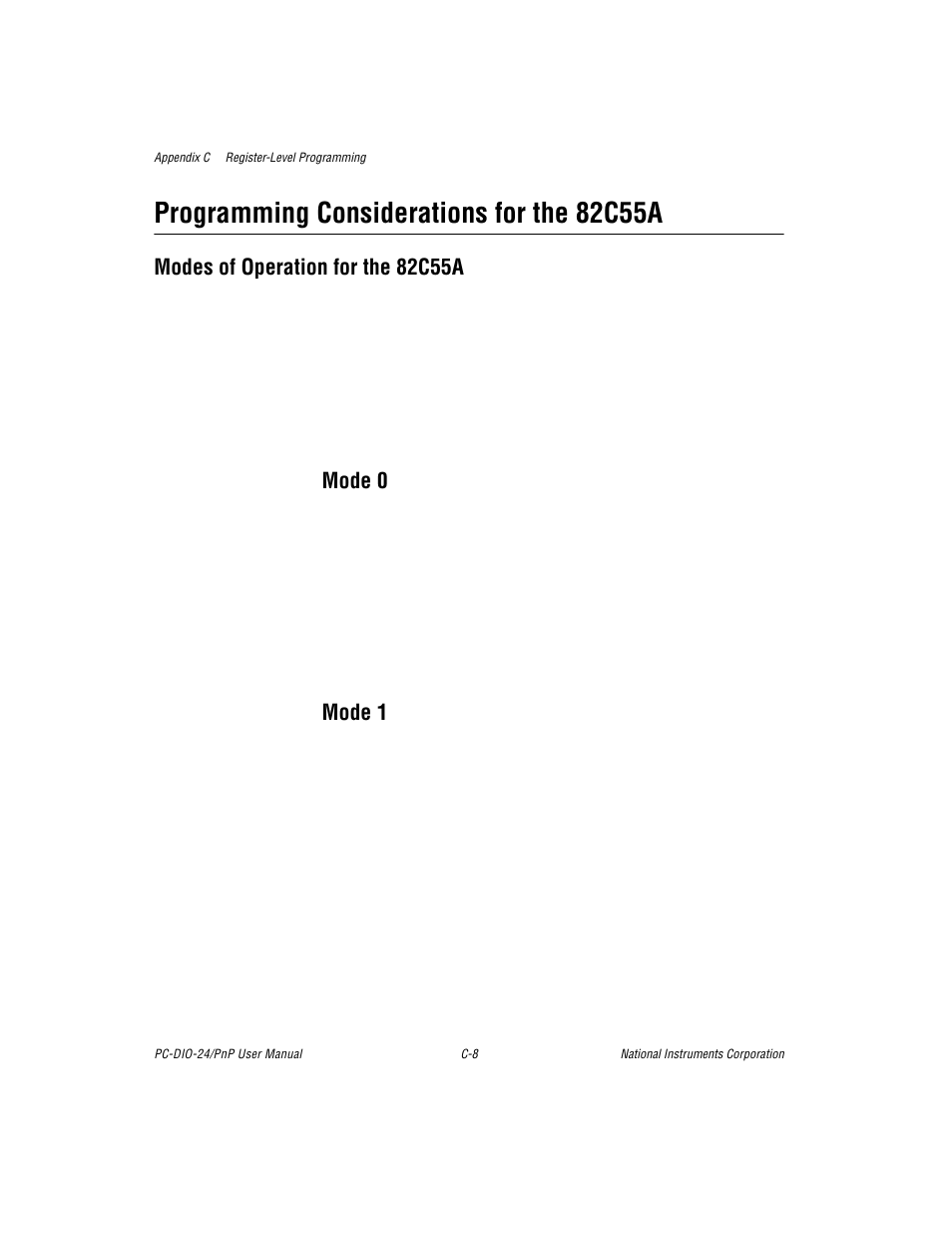 Programming considerations for the 82c55a, Modes of operation for the 82c55a, Mode 0 | Mode 1 | National Instruments PC-DIO-24/PnP User Manual | Page 68 / 107