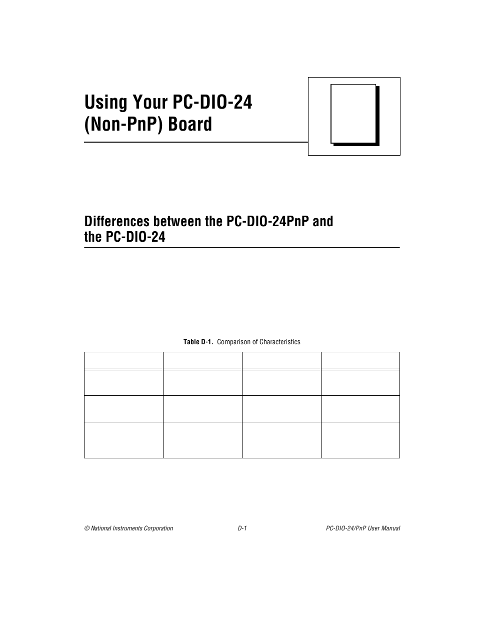 Appendix d using your pc dio 24 (non pnp) board, Differences between the pcdio24pnp and thepcdi, Table d-1. comparison of characteristics | Appendix d, Table d-1, D in appendix d, Using your pc-dio-24 (non-pnp) board, Appendix d, using your pc-dio-24 (non-pnp) board | National Instruments PC-DIO-24/PnP User Manual | Page 84 / 107