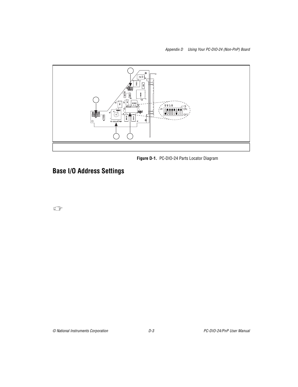 Base i/o address settings, Figure d-1. pcdio24 parts locator diagram, Figure d-1 | National Instruments PC-DIO-24/PnP User Manual | Page 86 / 107