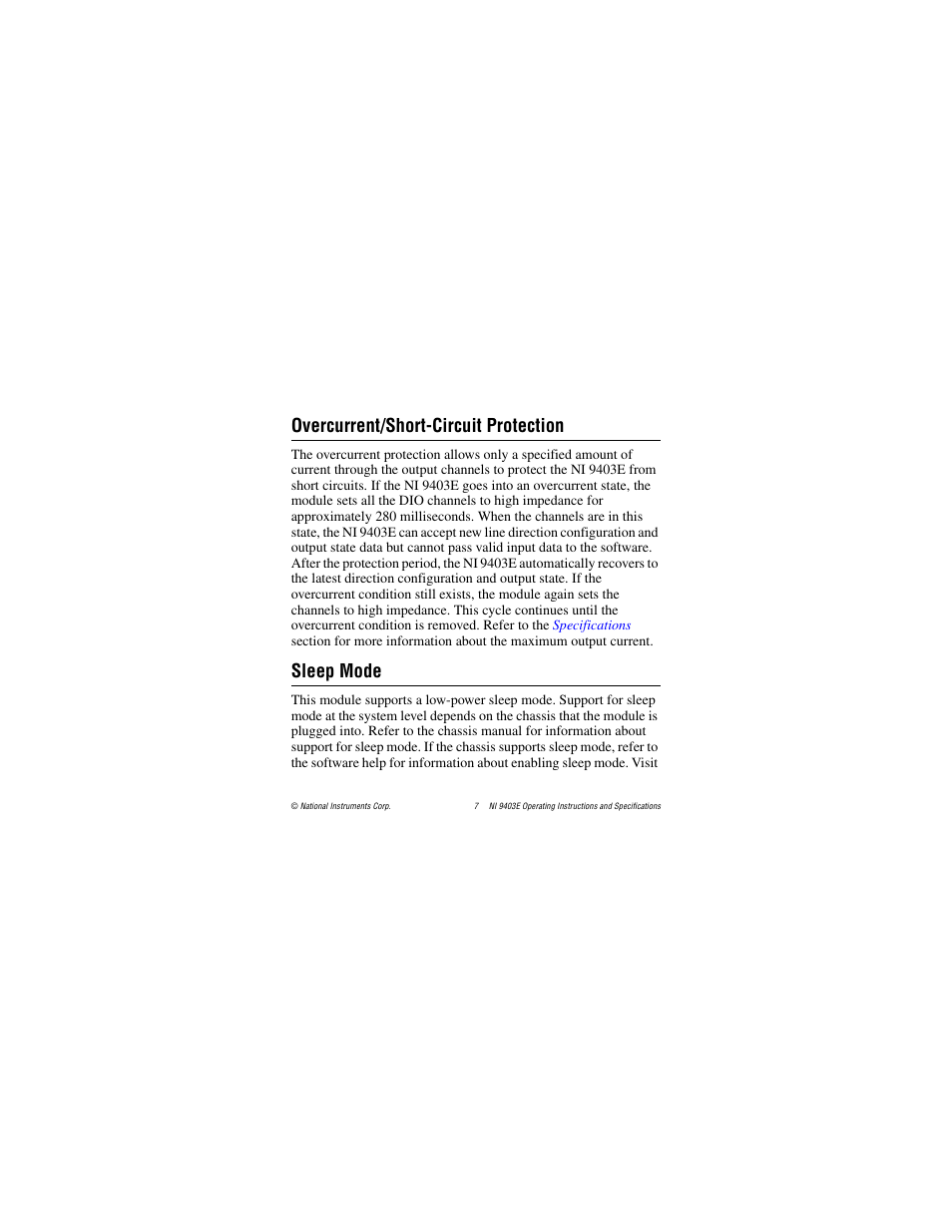 Overcurrent/short-circuit protection, Sleep mode | National Instruments NI 9403E User Manual | Page 7 / 19