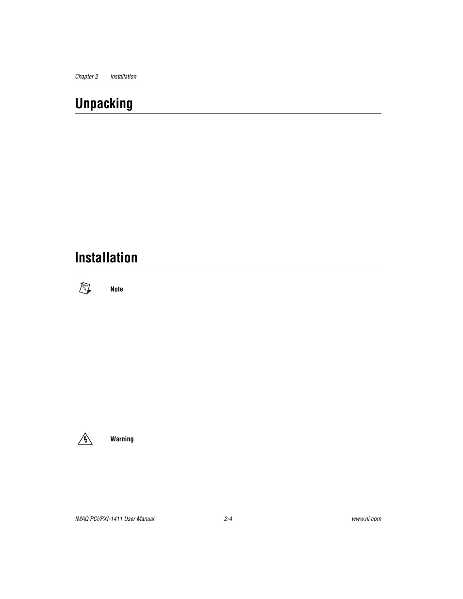 Unpacking, Installation, Unpacking -4 installation -4 | National Instruments PCI-1411 User Manual | Page 18 / 48