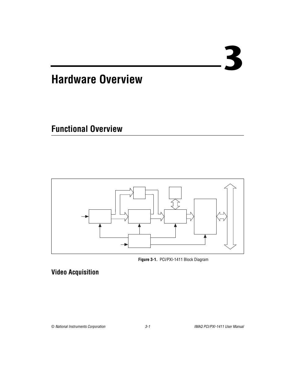 Chapter 3 hardware overview, Functional overview, Video acquisition | Figure 3-1. pci/pxi-1411 block diagram, Functional overview -1, Video acquisition -1, Figure 3-1, Pci/pxi-1411 block diagram -1, Hardware overview | National Instruments PCI-1411 User Manual | Page 20 / 48