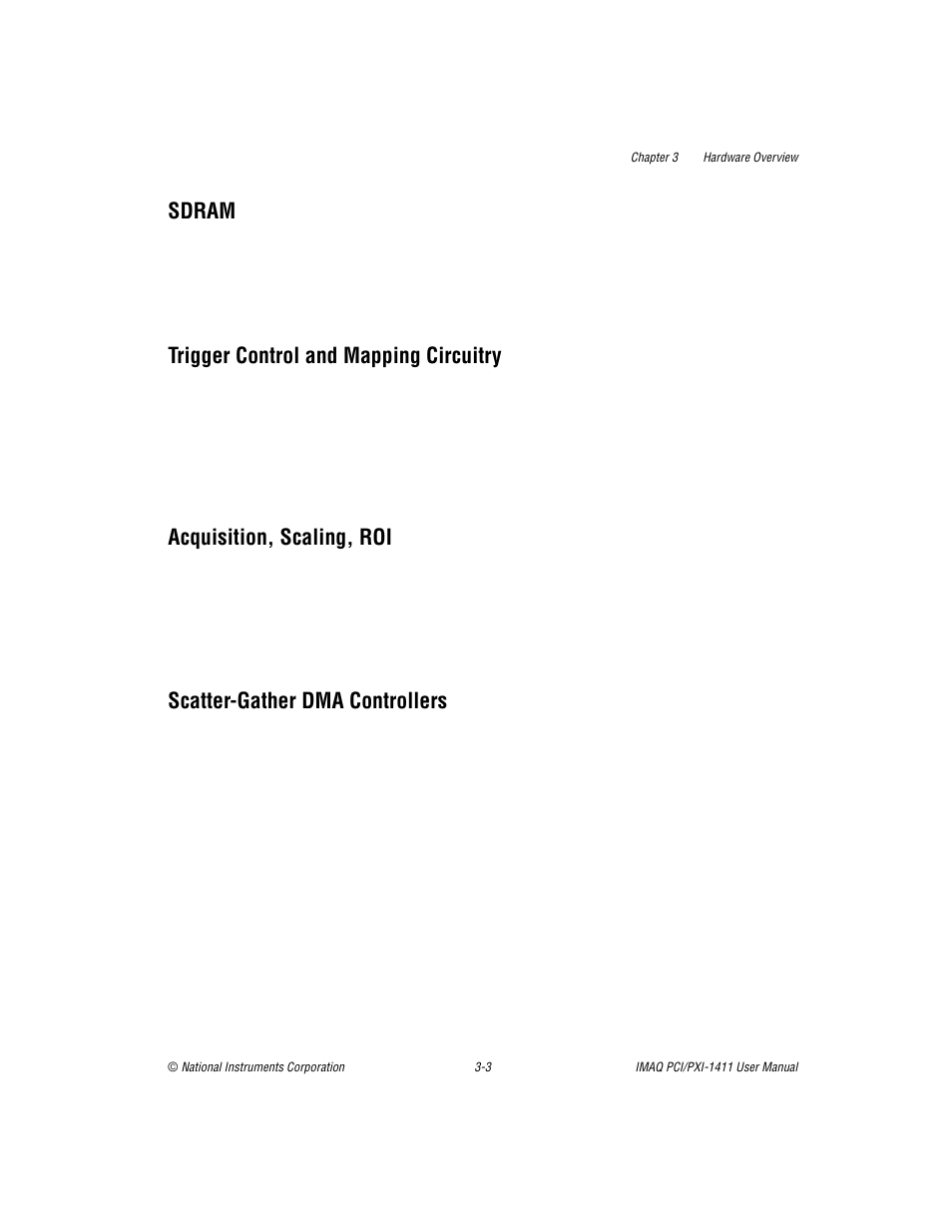 Sdram, Trigger control and mapping circuitry, Acquisition, scaling, roi | Scatter-gather dma controllers | National Instruments PCI-1411 User Manual | Page 22 / 48