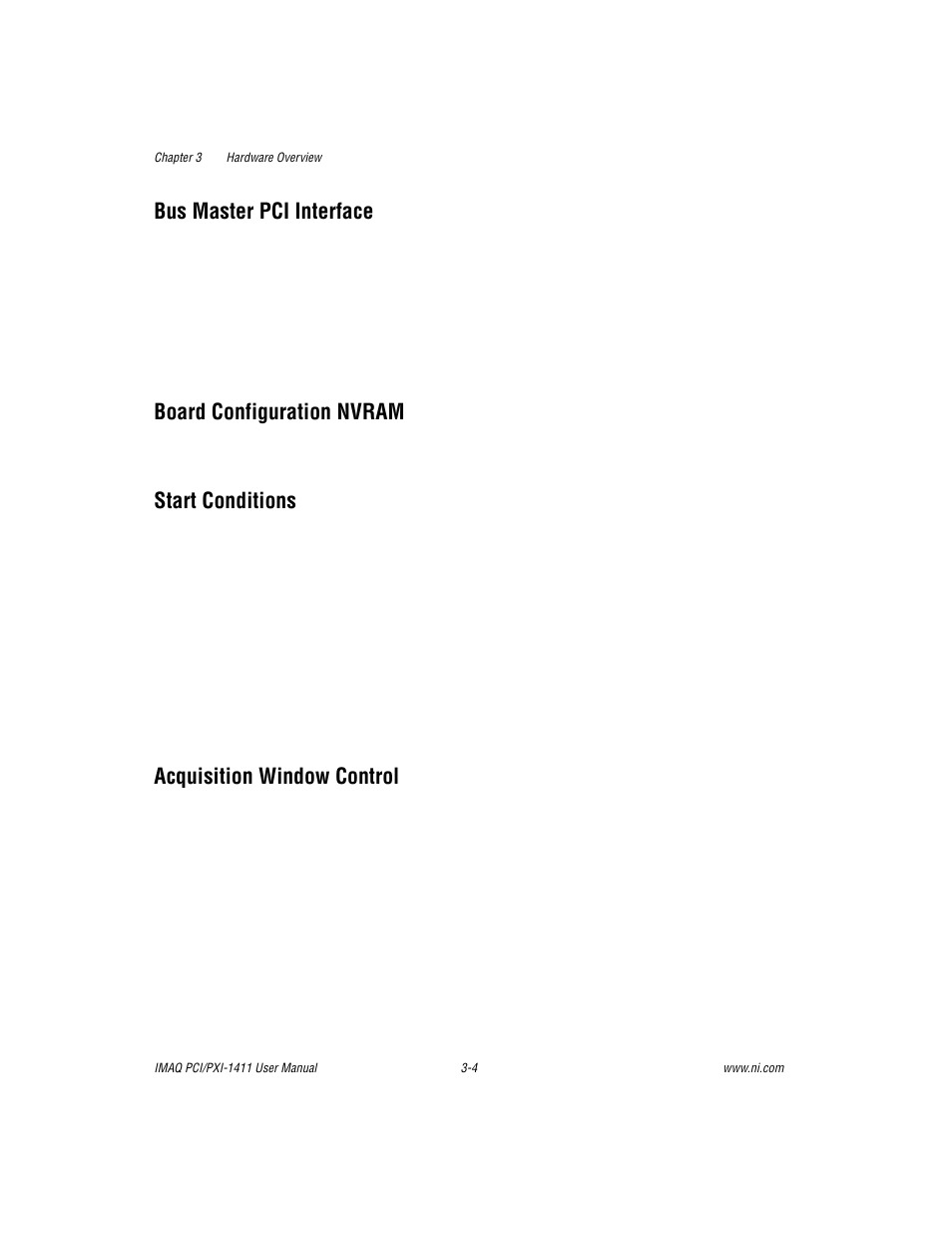 Bus master pci interface, Board configuration nvram, Start conditions | Acquisition window control | National Instruments PCI-1411 User Manual | Page 23 / 48