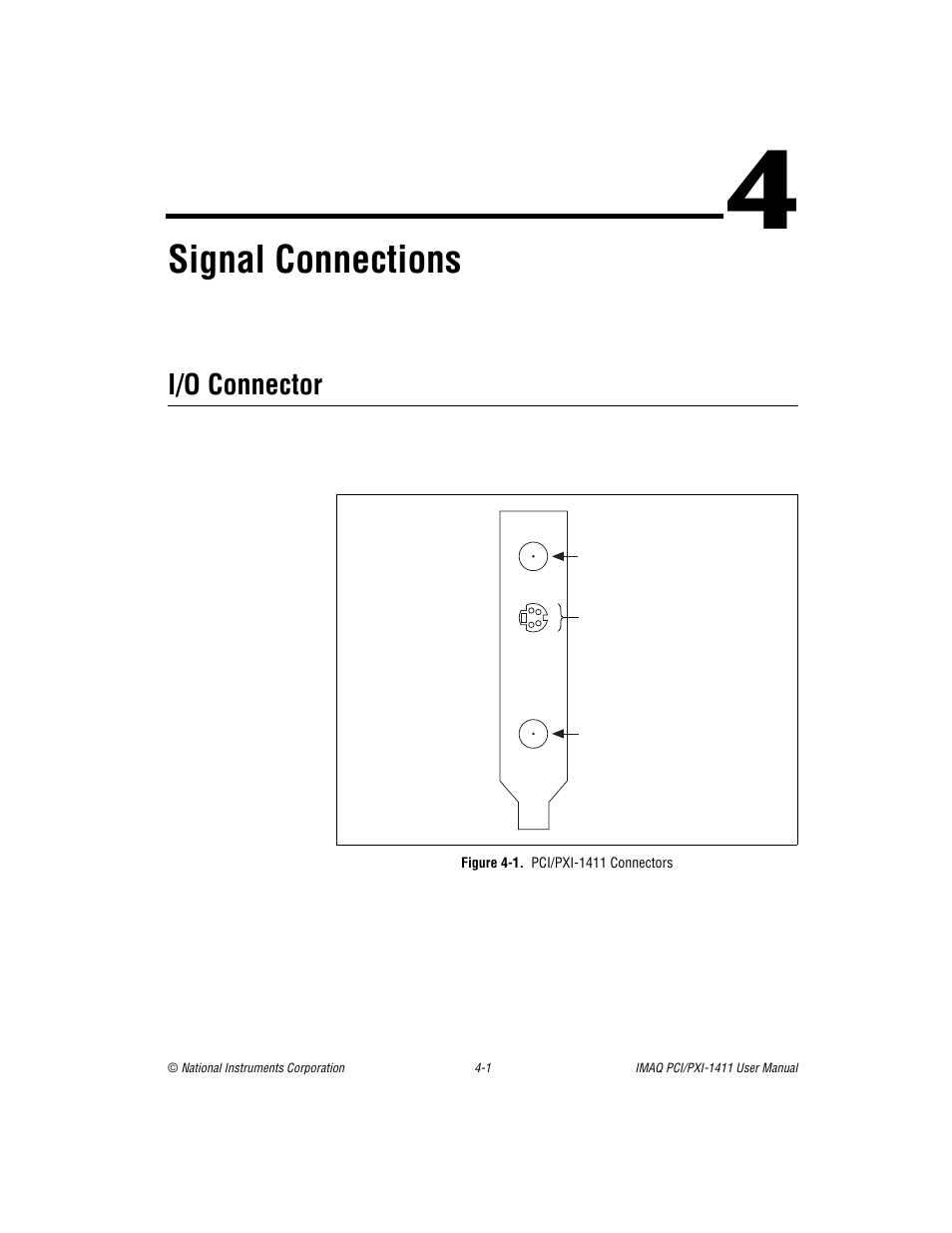 Chapter 4 signal connections, I/o connector, Figure 4-1. pci/pxi-1411 connectors | I/o connector -1, Figure 4-1, Pci/pxi-1411 connectors -1, Signal connections | National Instruments PCI-1411 User Manual | Page 25 / 48