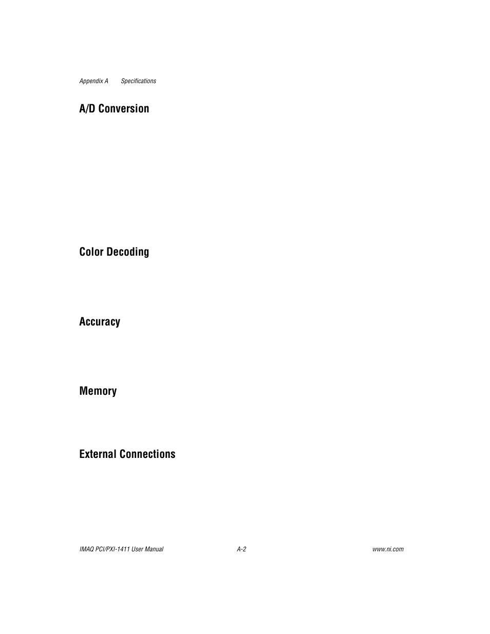 A/d conversion, Color decoding, Accuracy | External connections | National Instruments PCI-1411 User Manual | Page 28 / 48