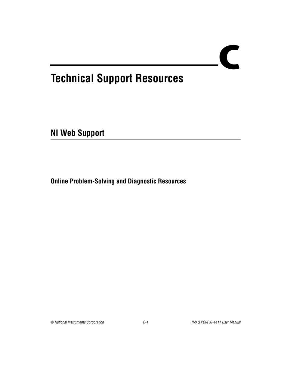 Appendix c technical support resources, Technical support resources, Ni web support | National Instruments PCI-1411 User Manual | Page 34 / 48