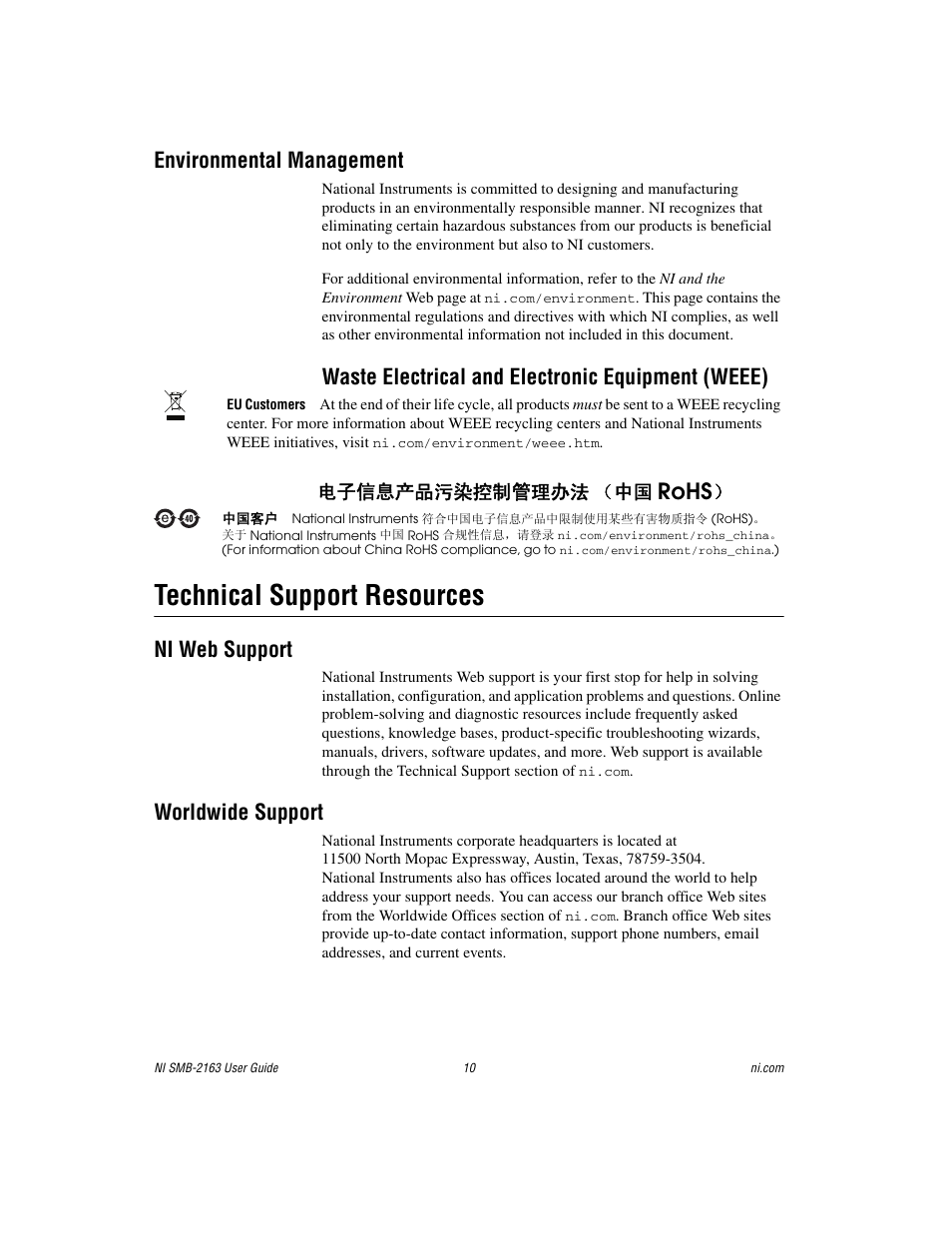 Environmental management, Technical support resources, Ni web support | Worldwide support, Rohs, Waste electrical and electronic equipment (weee), ᄤֵᙃѻક∵ᶧ᥻ࠊㅵ⧚ࡲ⊩ ˄ё | National Instruments Single-Ended Digital Waveform Generator/Analyzer Modules NI SMB-2163 User Manual | Page 10 / 24