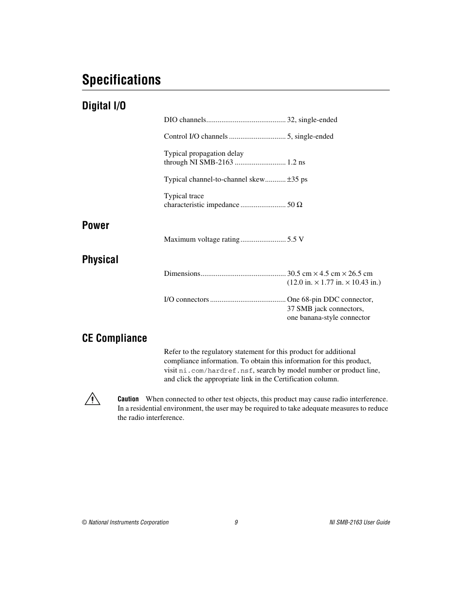 Specifications, Digital i/o, Power | Physical, Ce compliance | National Instruments Single-Ended Digital Waveform Generator/Analyzer Modules NI SMB-2163 User Manual | Page 9 / 24