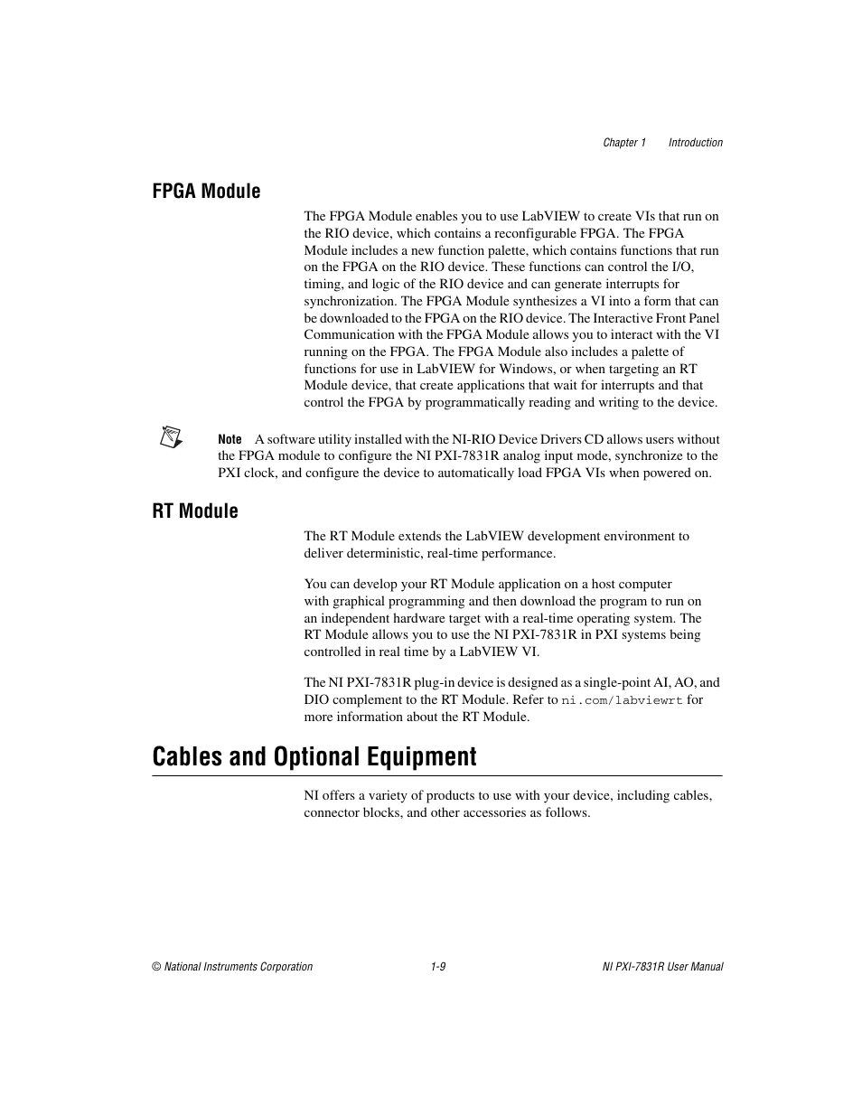 Fpga module, Rt module, Cables and optional equipment | Fpga module -9 rt module -9, Cables and optional equipment -9 | National Instruments NI PXI-7831R User Manual | Page 17 / 73