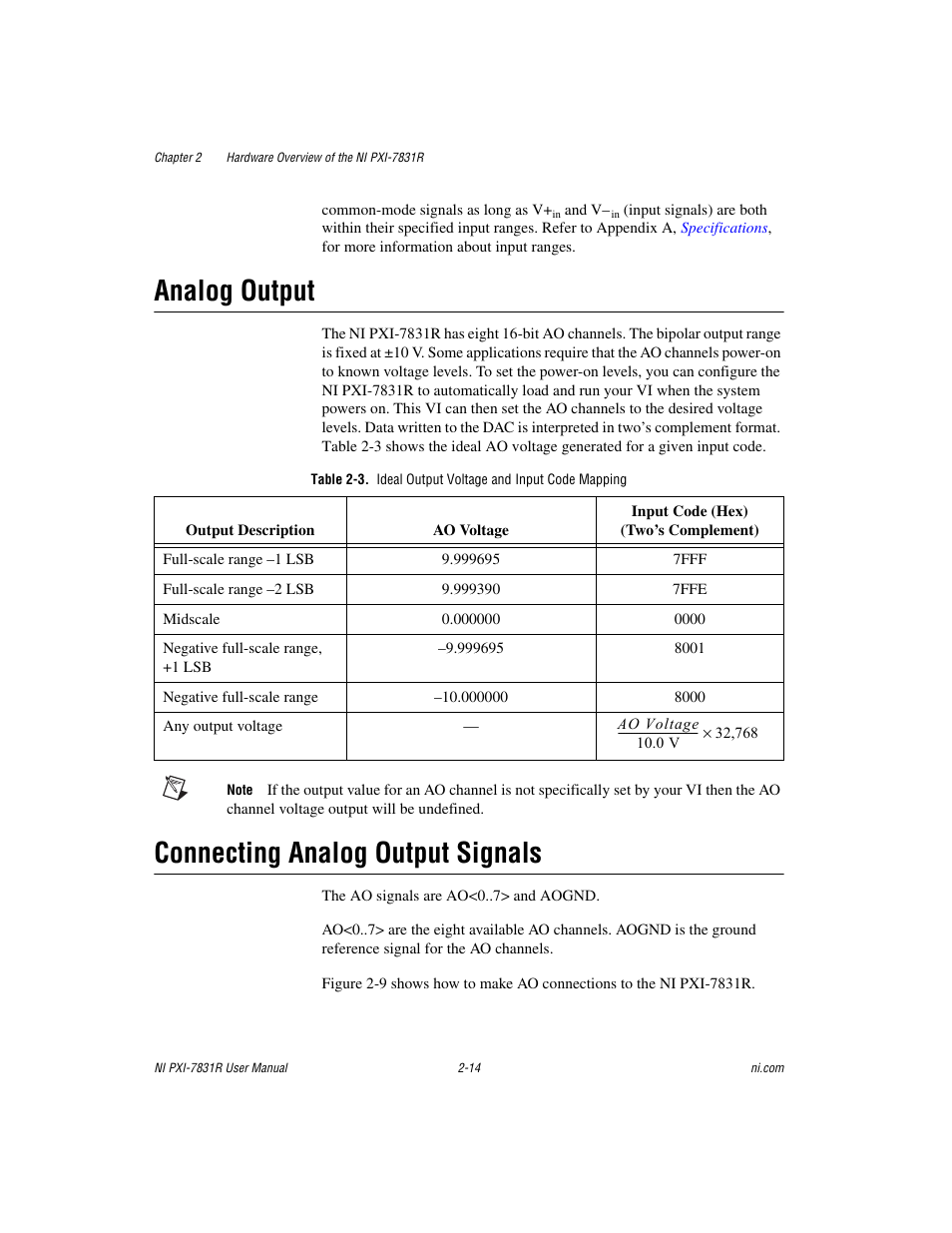 Analog output, Connecting analog output signals | National Instruments NI PXI-7831R User Manual | Page 35 / 73