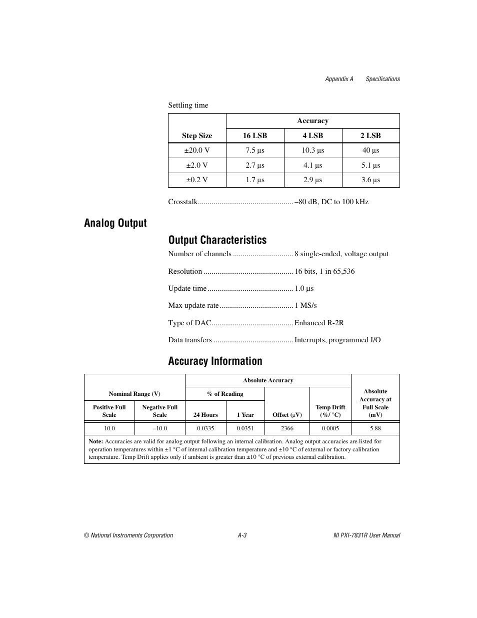 Analog output output characteristics, Accuracy information | National Instruments NI PXI-7831R User Manual | Page 48 / 73