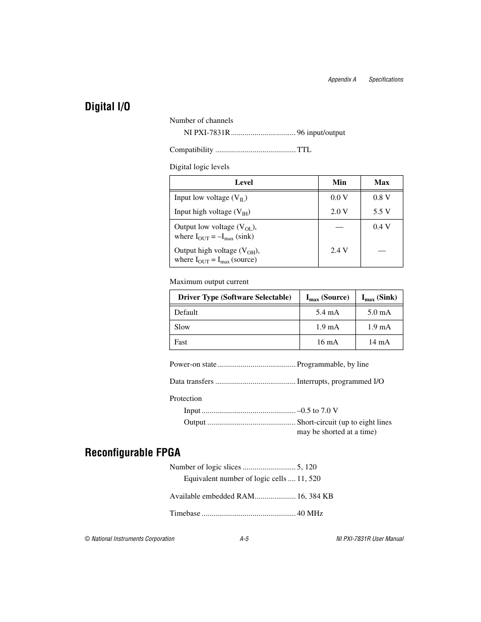 Digital i/o, Reconfigurable fpga | National Instruments NI PXI-7831R User Manual | Page 50 / 73