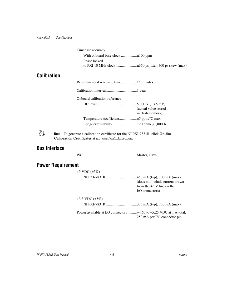 Calibration, Bus interface, Power requirement | National Instruments NI PXI-7831R User Manual | Page 51 / 73