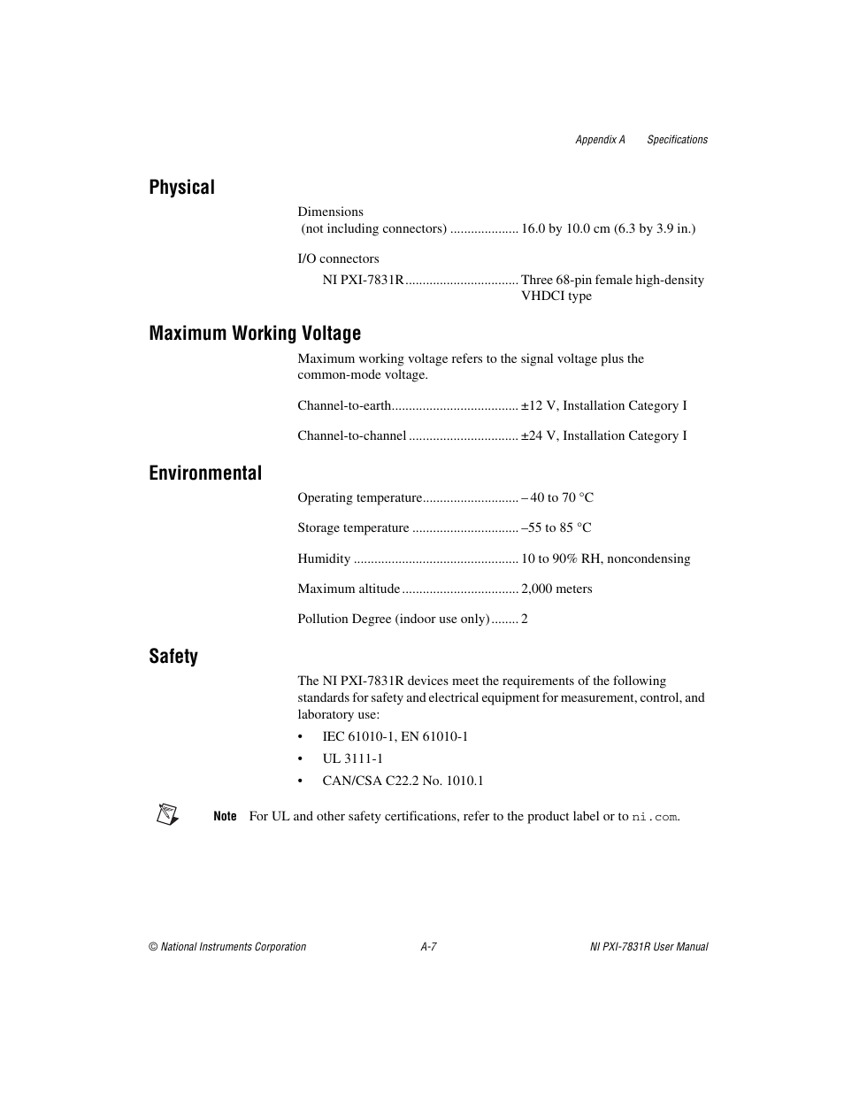 Physical, Maximum working voltage, Environmental | Safety | National Instruments NI PXI-7831R User Manual | Page 52 / 73