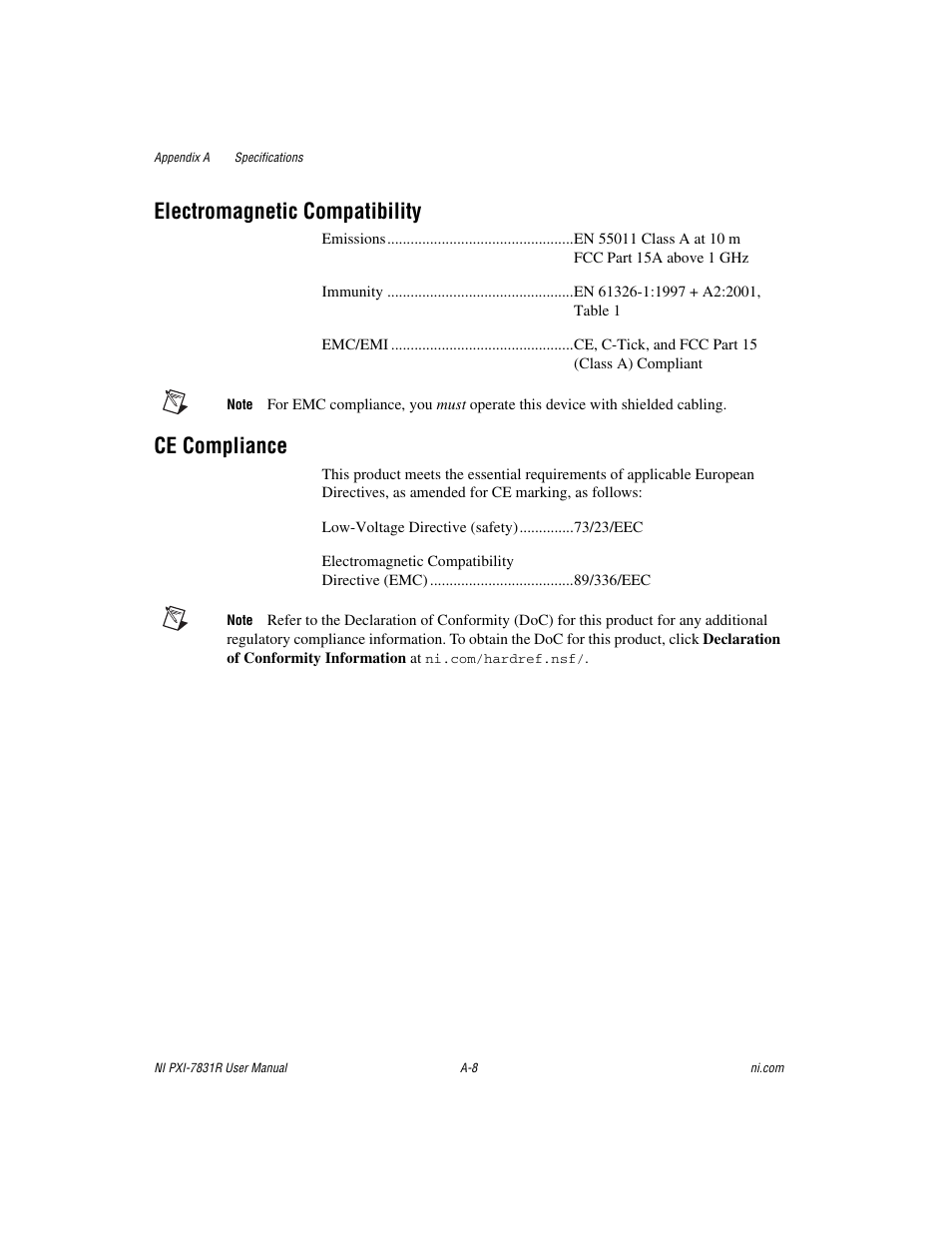 Electromagnetic compatibility, Ce compliance | National Instruments NI PXI-7831R User Manual | Page 53 / 73