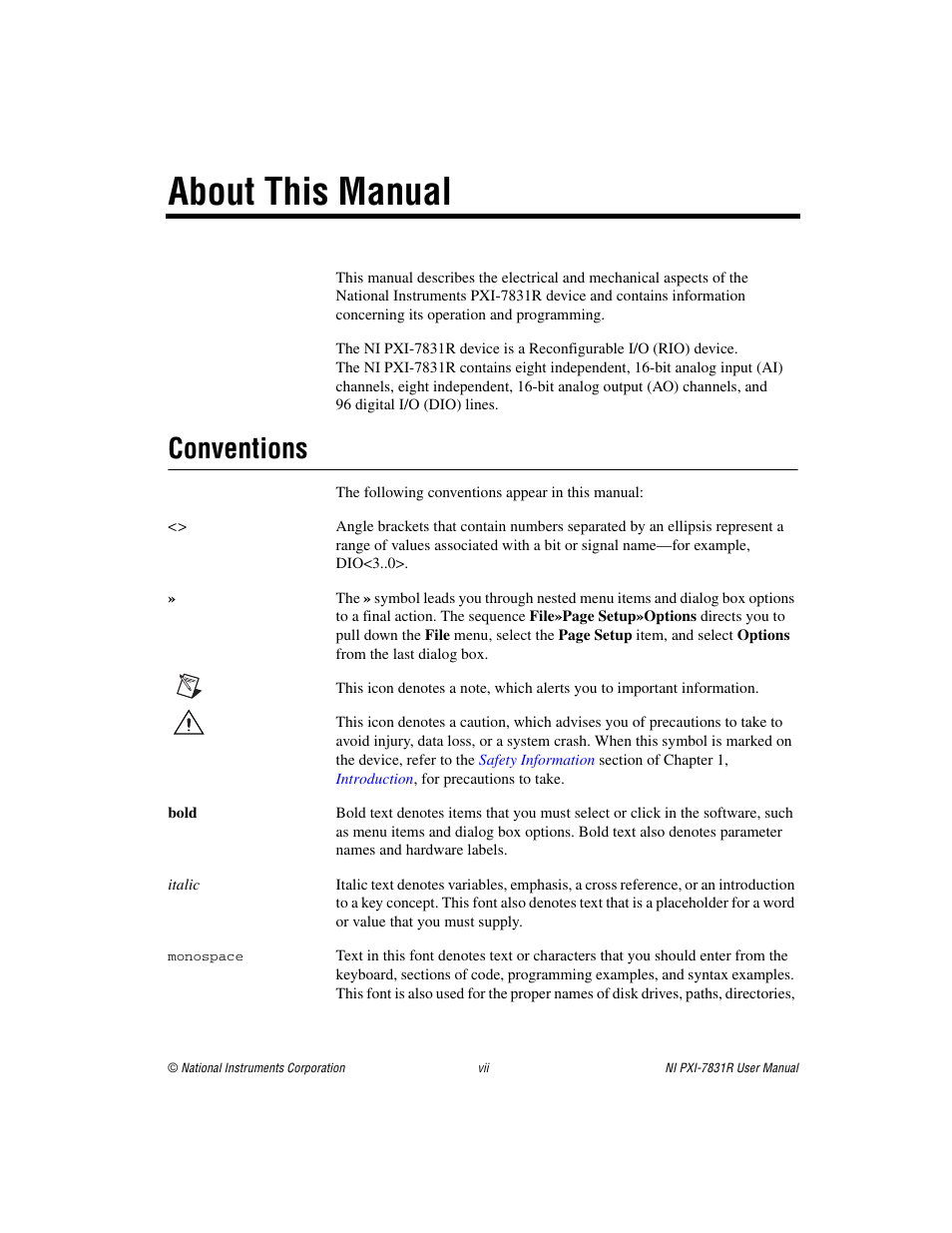 About this manual, Conventions | National Instruments NI PXI-7831R User Manual | Page 7 / 73