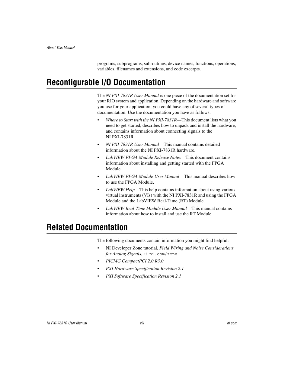 Reconfigurable i/o documentation, Related documentation | National Instruments NI PXI-7831R User Manual | Page 8 / 73