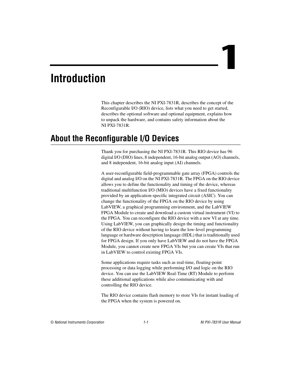 Chapter 1 introduction, About the reconfigurable i/o devices, About the reconfigurable i/o devices -1 | Ter 1, Introduction, For precautions to tak | National Instruments NI PXI-7831R User Manual | Page 9 / 73