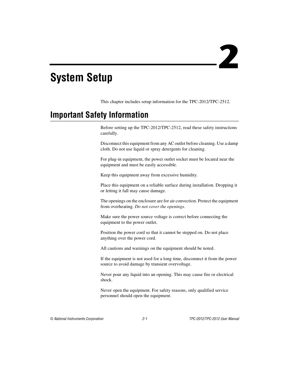 Chapter 2 system setup, Important safety information, Important safety information -1 | System setup | National Instruments Touch Panel Computer TPC-2012 User Manual | Page 10 / 49