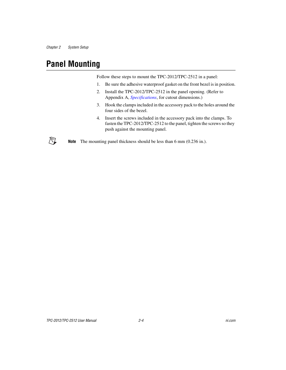 Panel mounting, Panel mounting -4 | National Instruments Touch Panel Computer TPC-2012 User Manual | Page 13 / 49