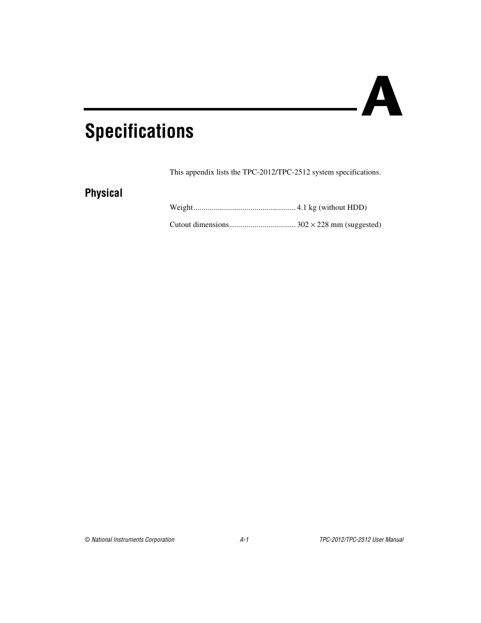 Appendix a specifications, Specifications | National Instruments Touch Panel Computer TPC-2012 User Manual | Page 18 / 49