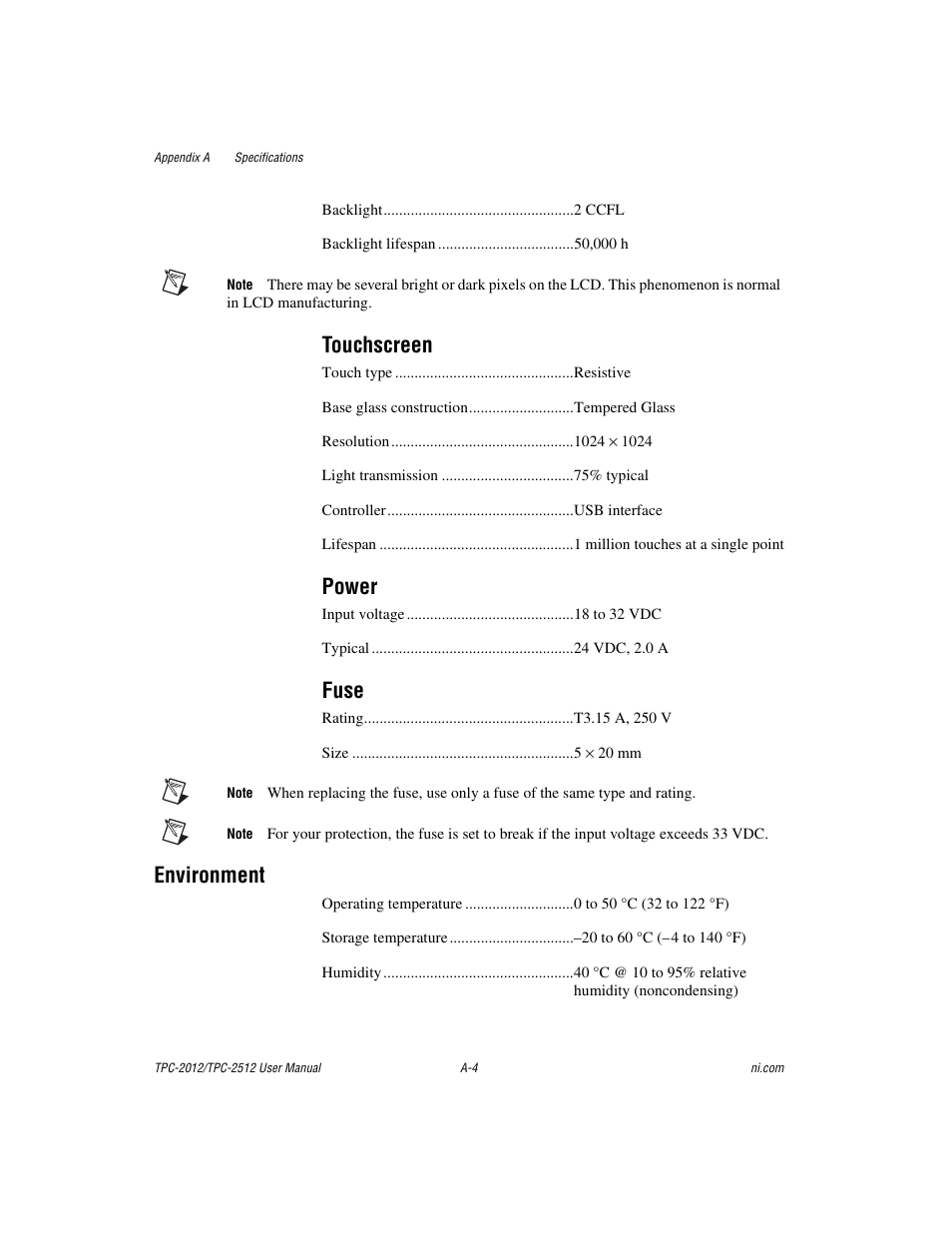 Touchscreen, Power, Fuse | Environment | National Instruments Touch Panel Computer TPC-2012 User Manual | Page 21 / 49