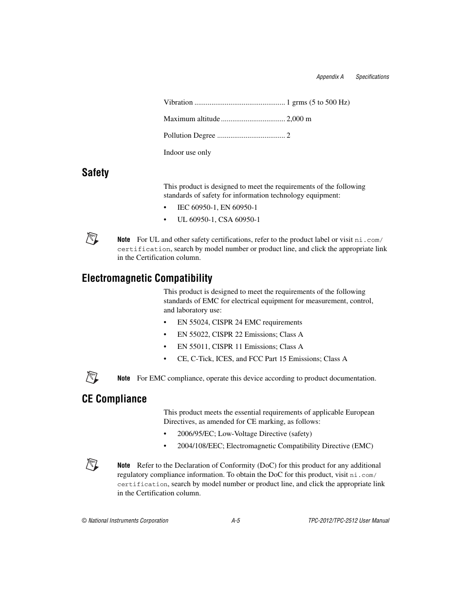Safety, Electromagnetic compatibility, Ce compliance | National Instruments Touch Panel Computer TPC-2012 User Manual | Page 22 / 49