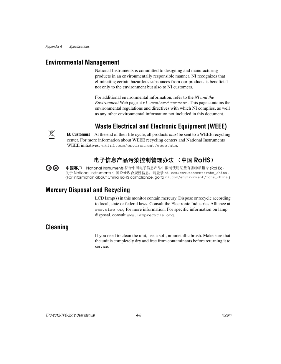 Rohs, Environmental management, Waste electrical and electronic equipment (weee) | Mercury disposal and recycling, Cleaning, ᄤֵᙃѻક∵ᶧ᥻ࠊㅵ⧚ࡲ⊩ ˄ё | National Instruments Touch Panel Computer TPC-2012 User Manual | Page 23 / 49