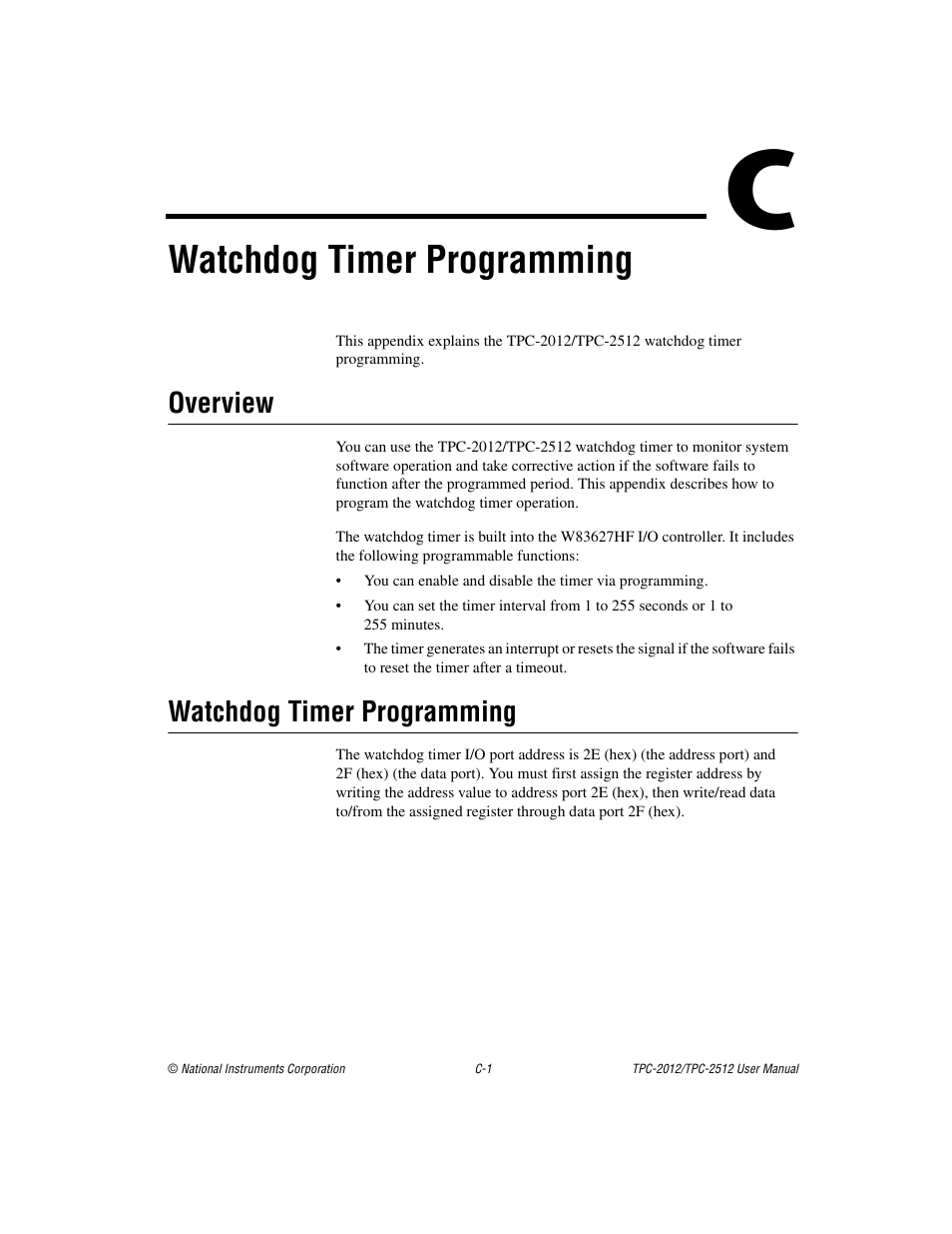 Appendix c watchdog timer programming, Watchdog timer programming, Overview | National Instruments Touch Panel Computer TPC-2012 User Manual | Page 27 / 49