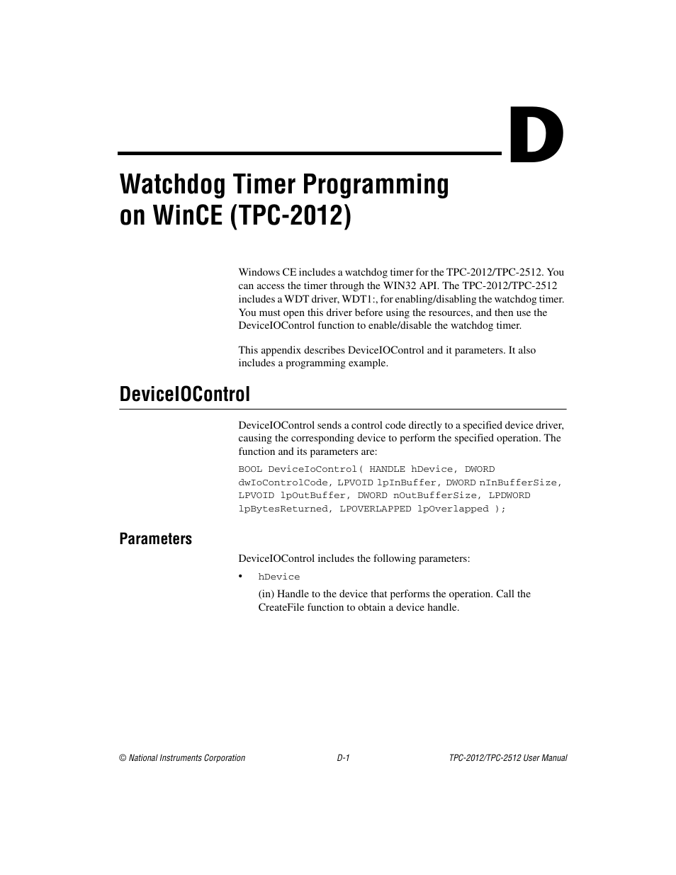Watchdog timer programming on wince (tpc-2012), Deviceiocontrol | National Instruments Touch Panel Computer TPC-2012 User Manual | Page 35 / 49