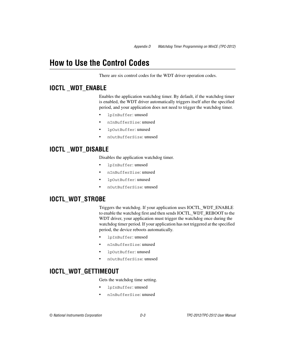 How to use the control codes, Ioctl _wdt_enable, Ioctl _wdt_disable | Ioctl_wdt_strobe, Ioctl_wdt_gettimeout | National Instruments Touch Panel Computer TPC-2012 User Manual | Page 37 / 49