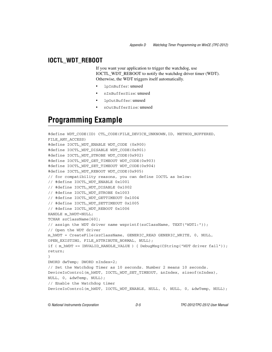 Programming example, Ioctl_wdt_reboot | National Instruments Touch Panel Computer TPC-2012 User Manual | Page 39 / 49