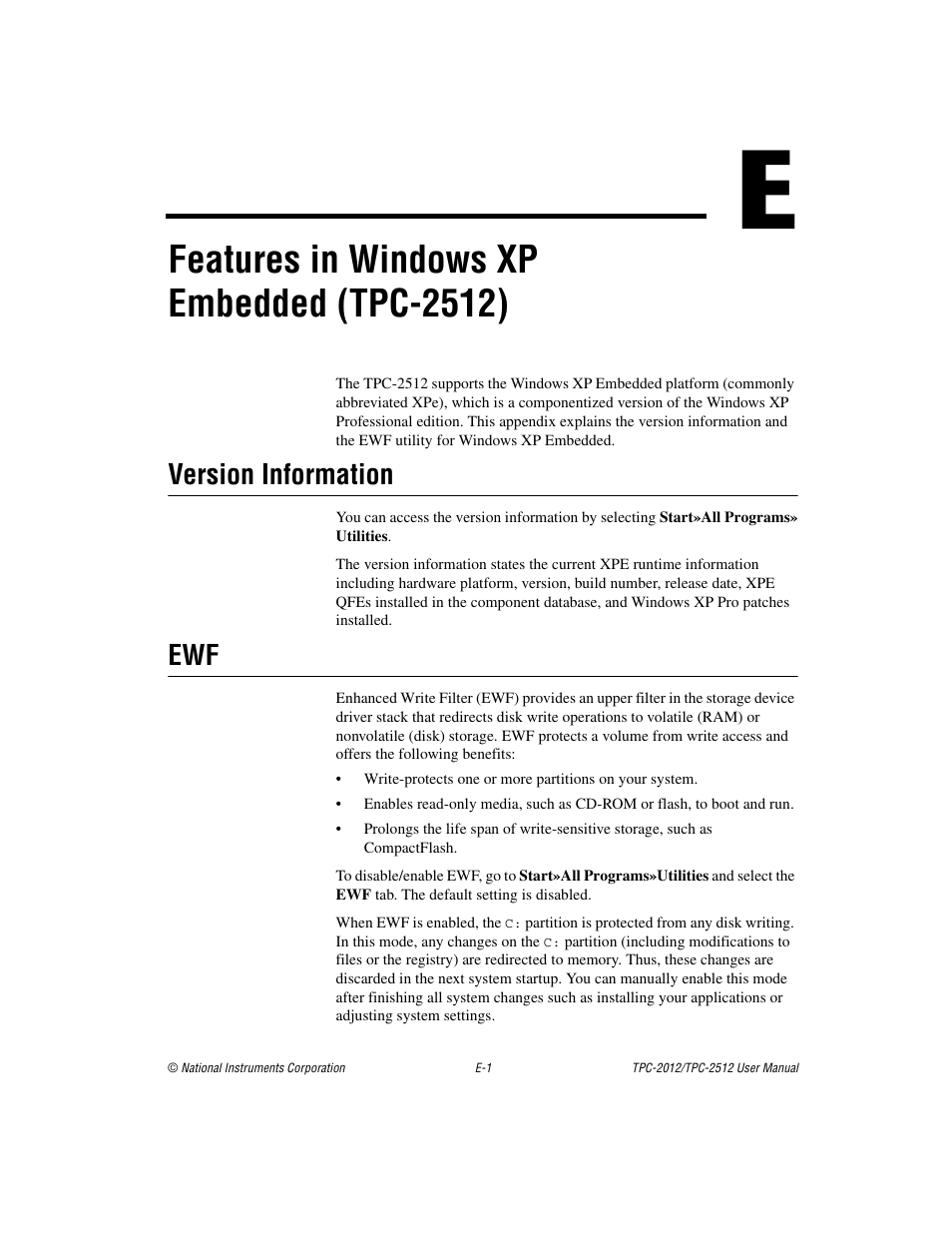 Features in windows xp embedded (tpc-2512), Version information | National Instruments Touch Panel Computer TPC-2012 User Manual | Page 41 / 49