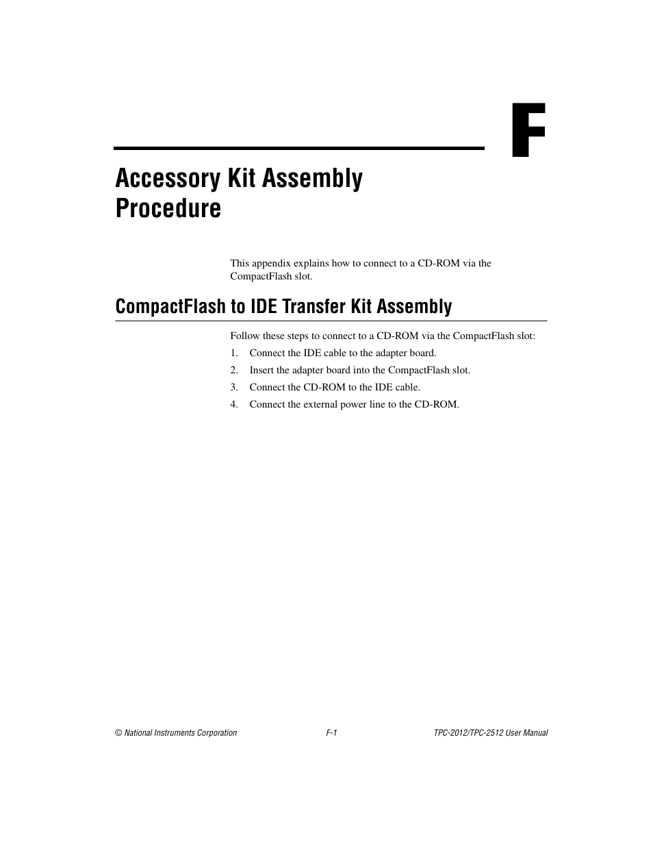 Appendix f accessory kit assembly procedure, Accessory kit assembly procedure, Compactflash to ide transfer kit assembly | National Instruments Touch Panel Computer TPC-2012 User Manual | Page 42 / 49