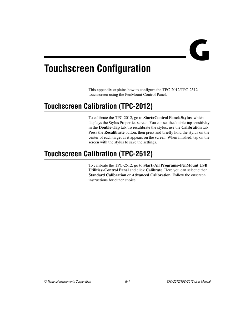 Appendix g touchscreen configuration, Touchscreen configuration | National Instruments Touch Panel Computer TPC-2012 User Manual | Page 43 / 49
