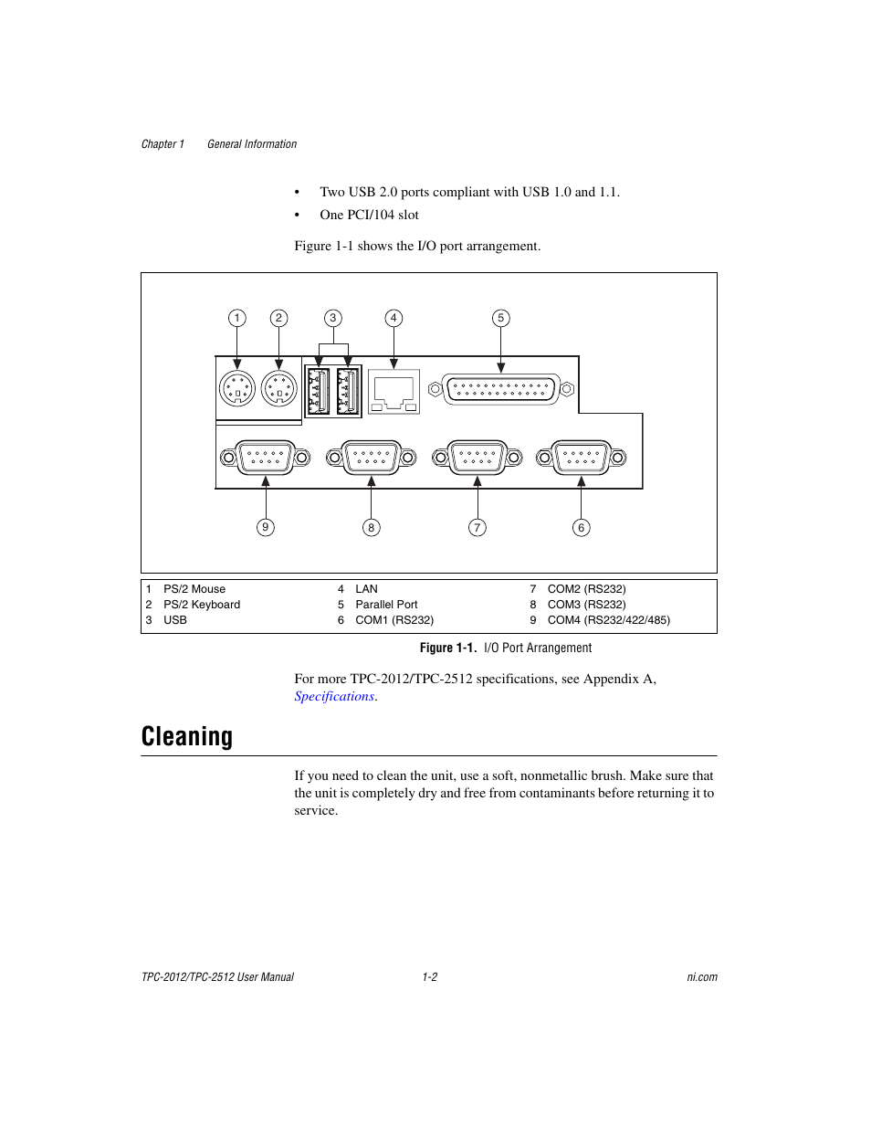 Figure 1-1. i/o port arrangement, Cleaning, Cleaning -2 | National Instruments Touch Panel Computer TPC-2012 User Manual | Page 9 / 49