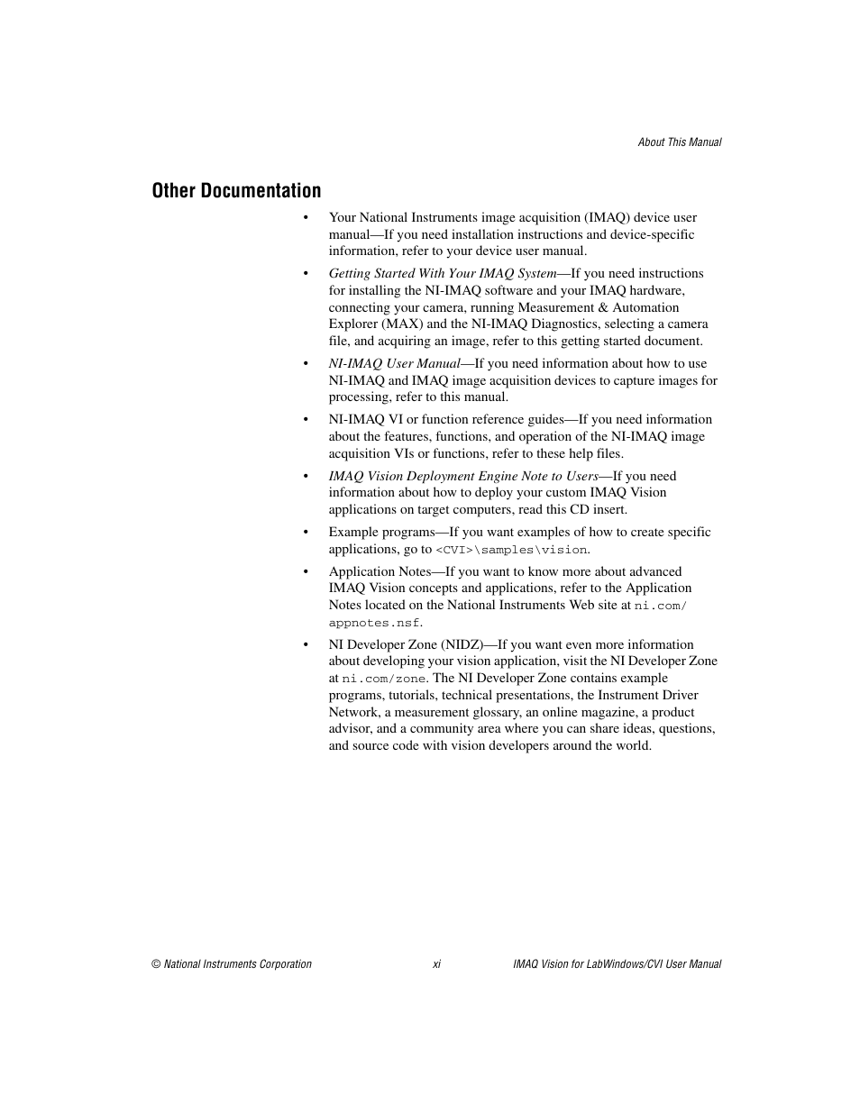 Other documentation | National Instruments IMAQ Vision for LabWindows TM /CVI User Manual | Page 10 / 119